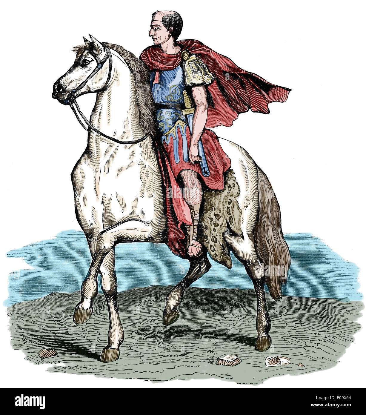 Giulio Cesare (100 BC-44 BC) in sella a un cavallo. Il regno animale illustrato, 1885. Incisione. Colorazione successiva. Foto Stock