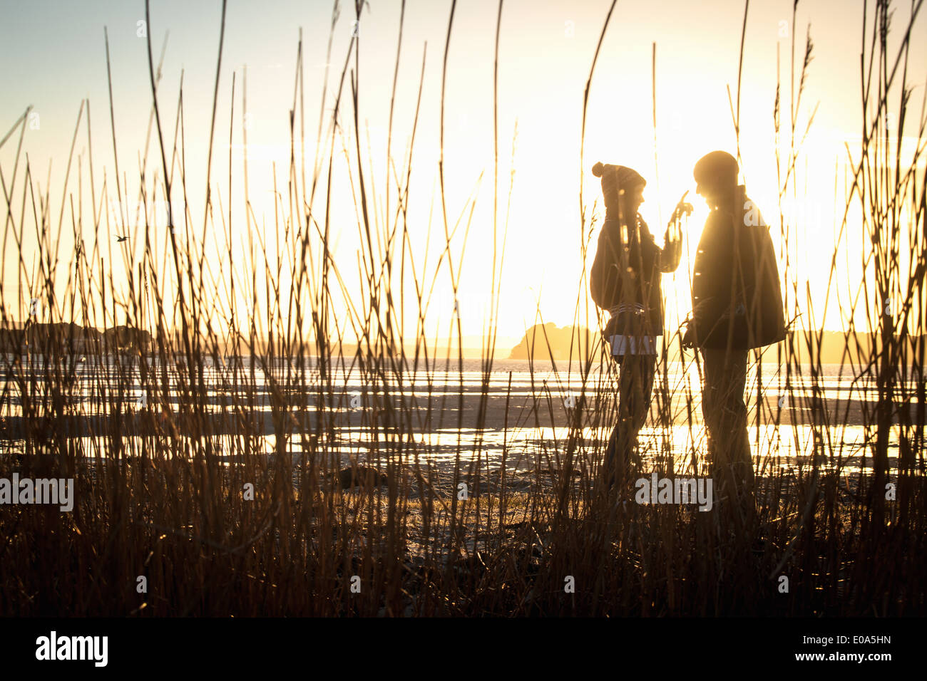 Silhouette romantica di coppia giovane sulla spiaggia Foto Stock