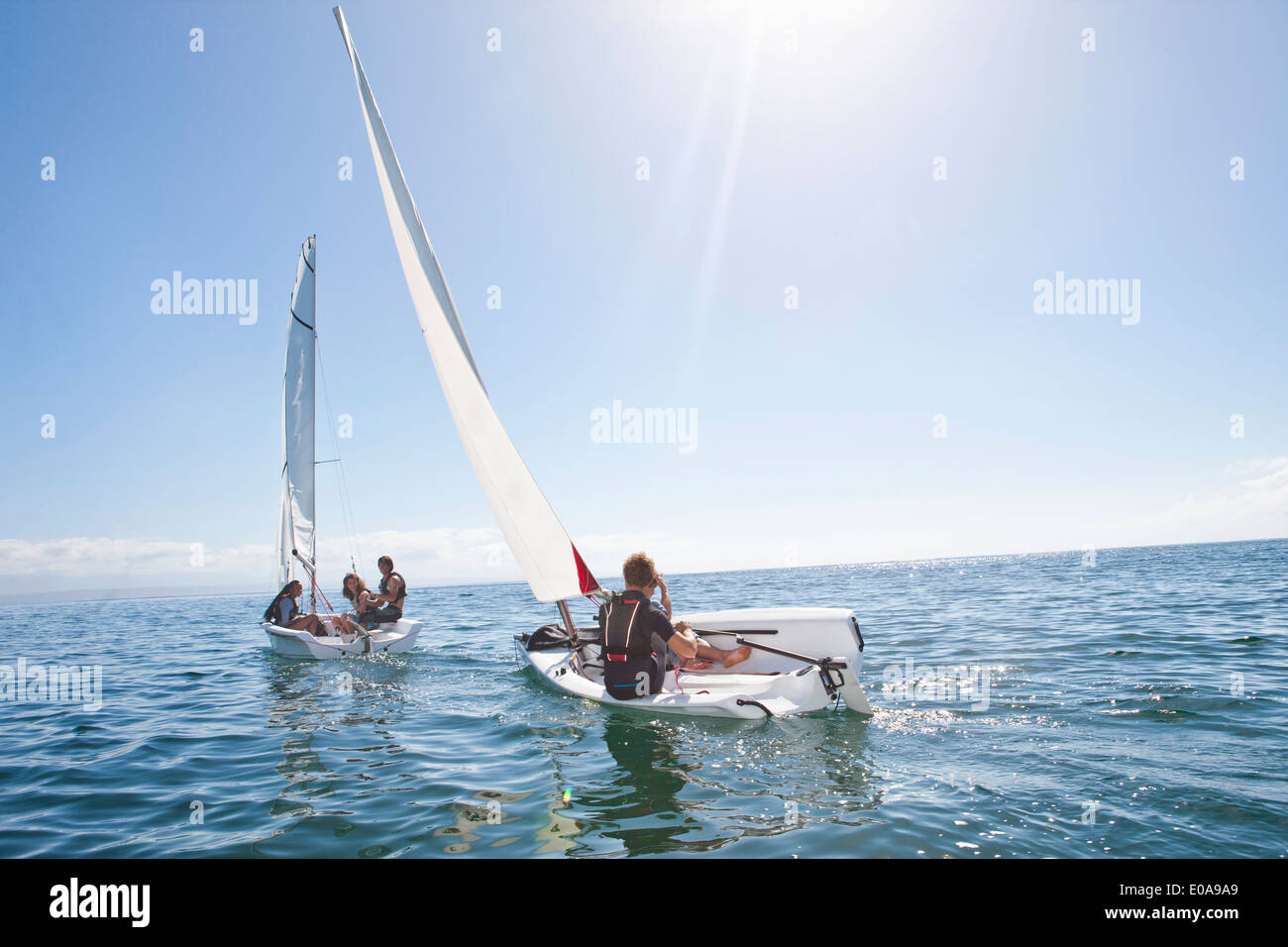 Giovani amici adulti racing a vicenda nelle barche a vela Foto Stock