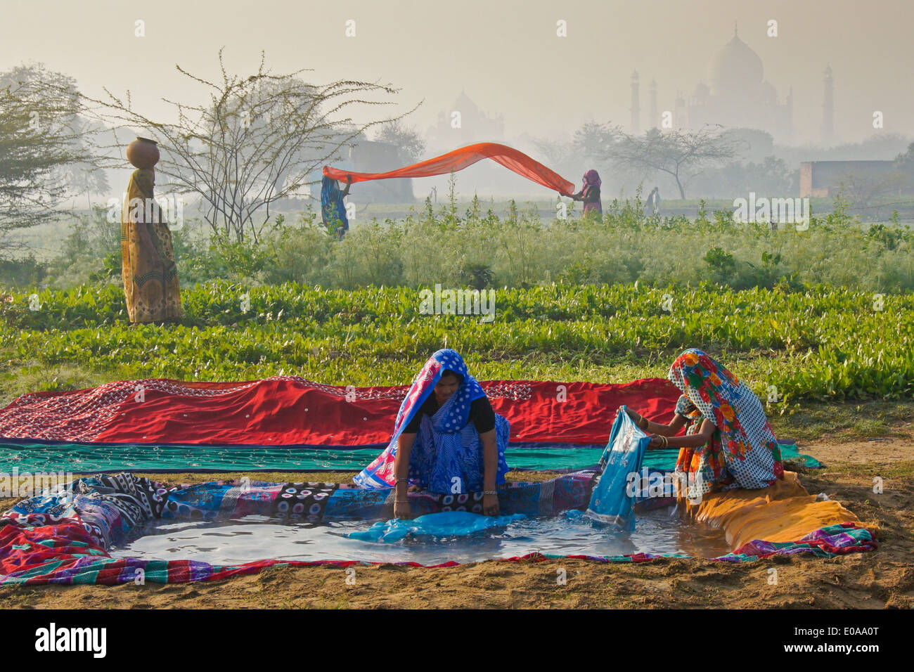 Donne che svolgono servizio lavanderia con Taj Mahal di nebbia, Nagla Kachhpura, Agra, India Foto Stock