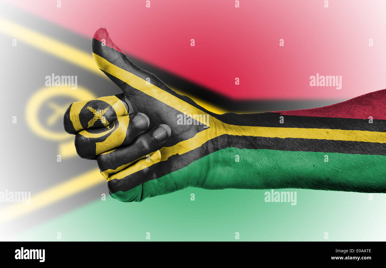 Vecchia donna dando il pollice in alto segno isolato bandiera di Vanuatu Foto Stock