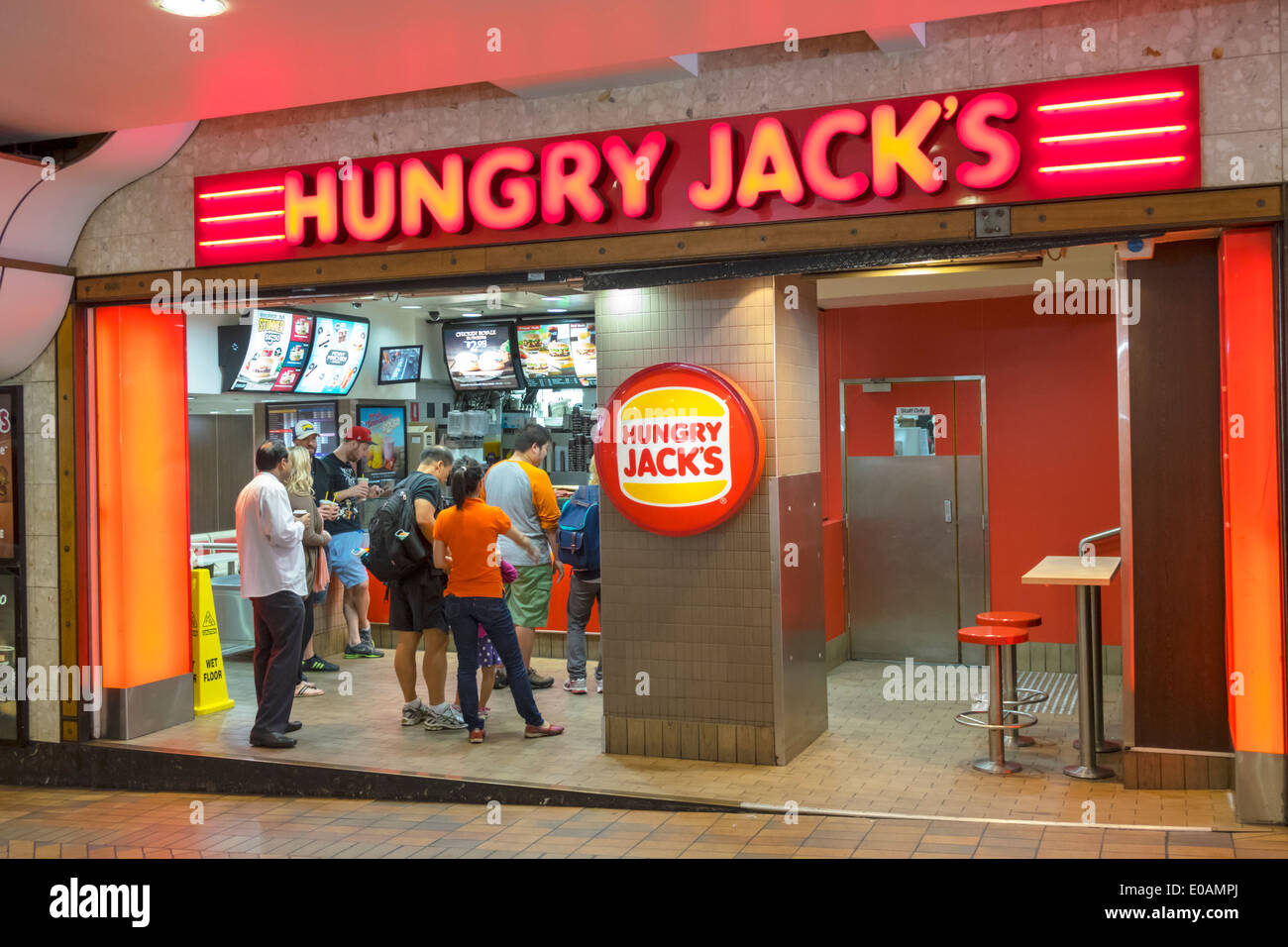 Sydney Australia, Hungry Jack's, hamburger, hamburger King, hamburger, hamburger, fast food, ristoranti, ristoranti, caffè, ingresso, line, queu Foto Stock