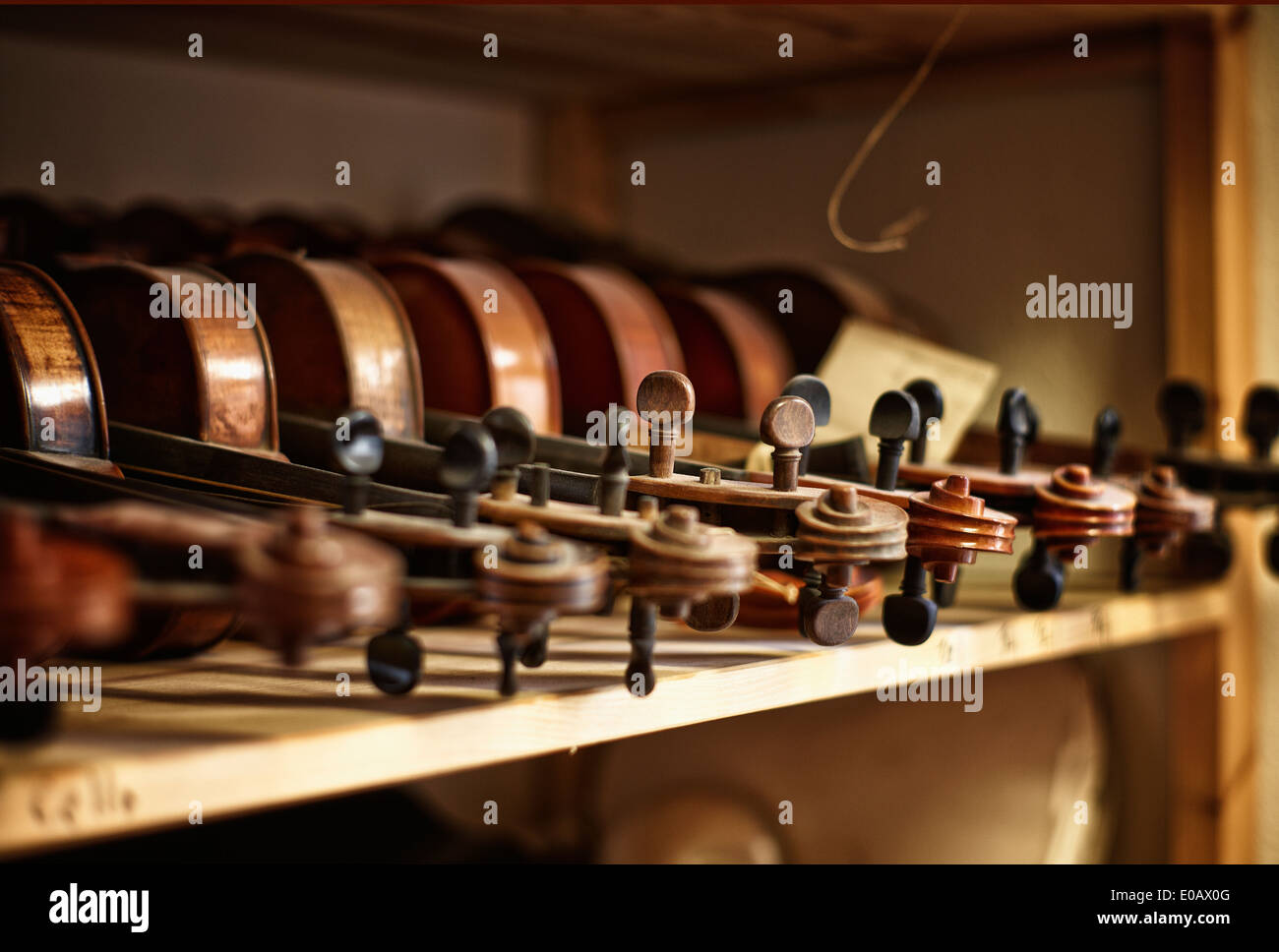 Violini per essere riparati in un liutaio del workshop Foto Stock