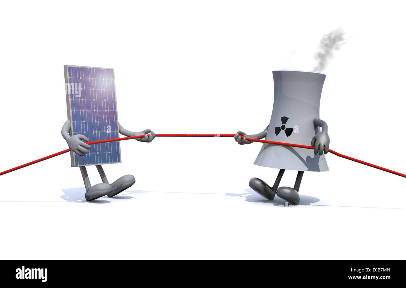 Pannello solare e chemical camino fanno rimorchiatore di corda, 3d illustrazione Foto Stock