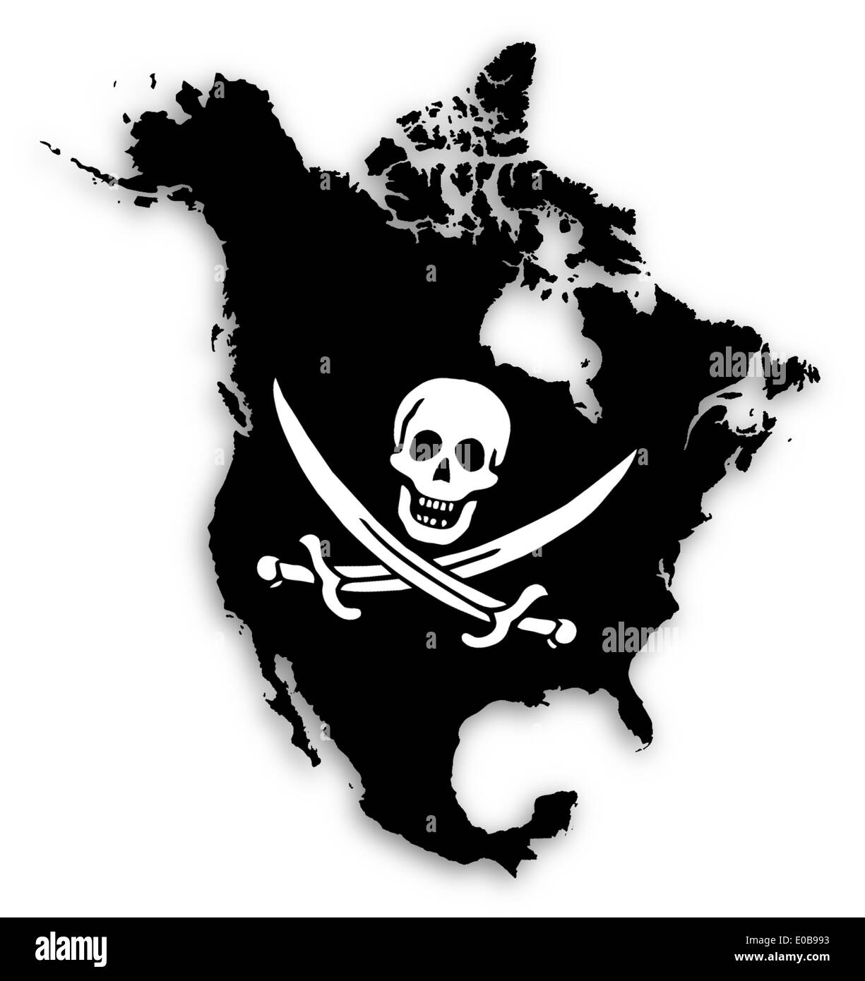 Mappa del Nord America riempita con una bandiera pirata isolato Foto Stock