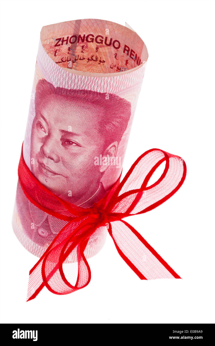 Yuan cinese di banconote con un anello rosso, Chinesische Yuan Banknoten mit einer roten Schleife Foto Stock