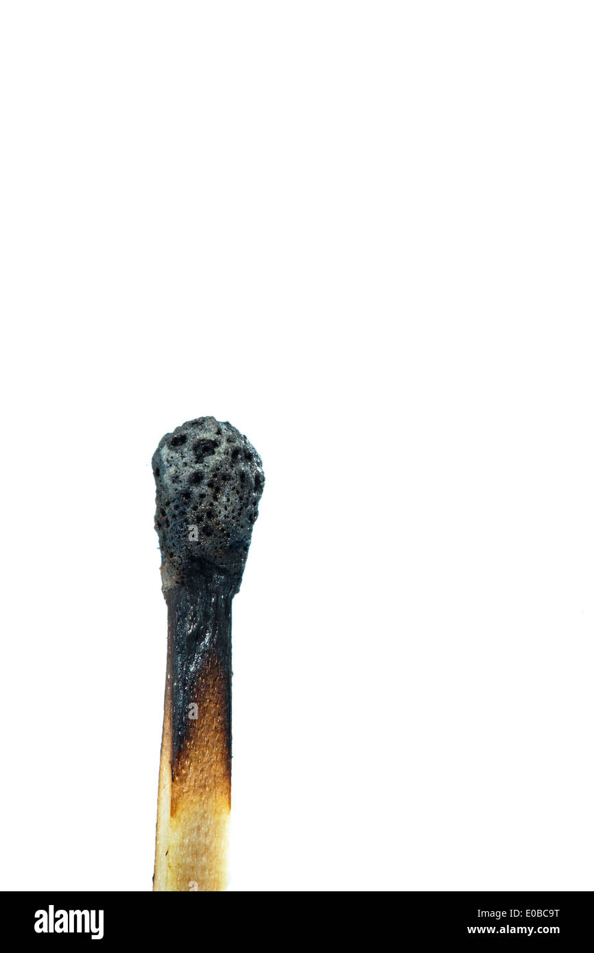 Un bruciate match in close-up. Prima di sfondo bianco, Ein Streichholz abgebranntes in Nahaufnahme. Vor weissem Hintergrund Foto Stock