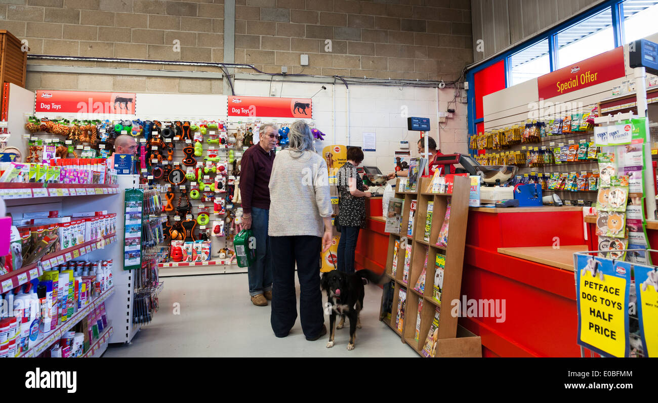 Il cliente al momento del checkout a Jollyes Superstore di produzione di alimenti per animali da compagnia. Foto Stock