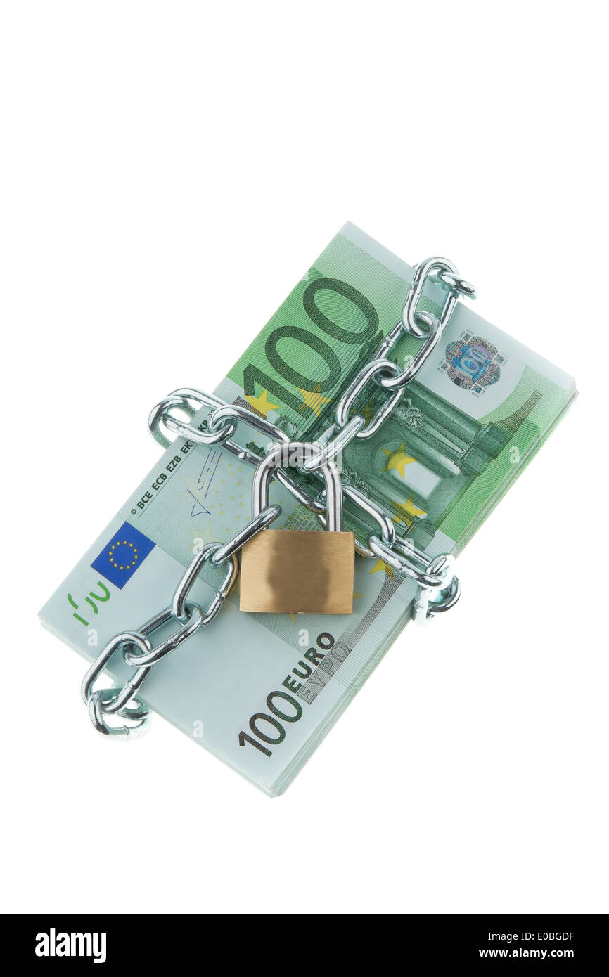 Di Euro di banconote con lucchetto e catena Foto Stock
