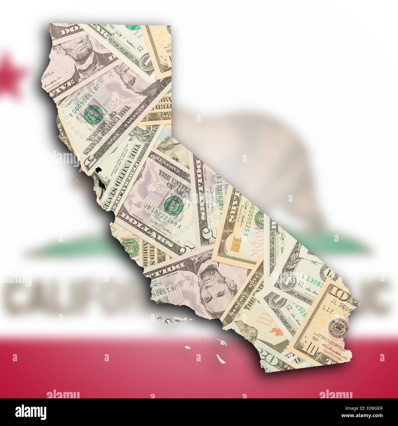 Mappa della California riempito di dollari USA Foto Stock