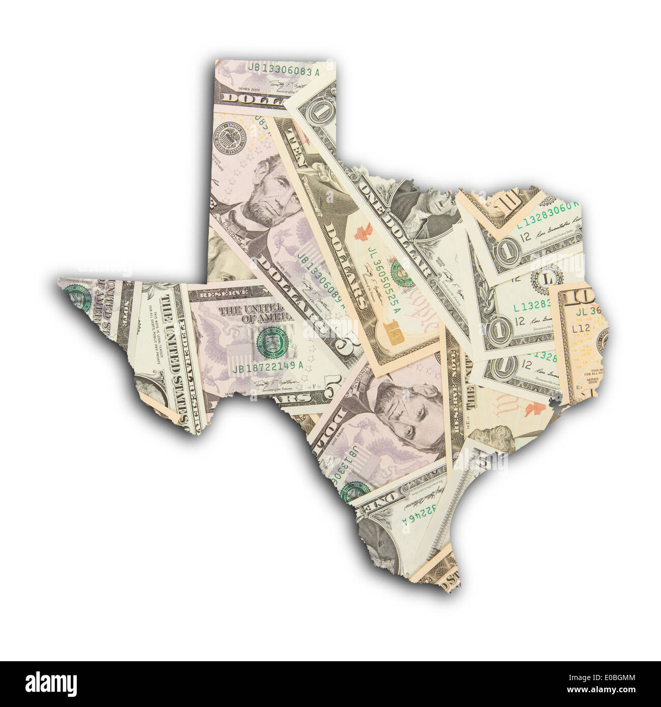 Mappa di Texas riempito di dollari USA Foto Stock
