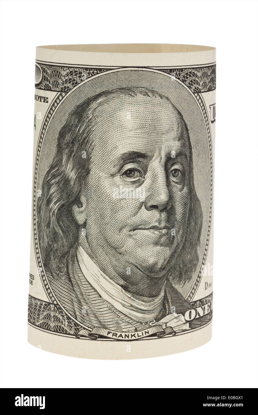 Dollaro americano della banca nota isola prima di sfondo bianco, Amerikanischer Dollar Geldschein isoliert vor weissem Hintergrund Foto Stock