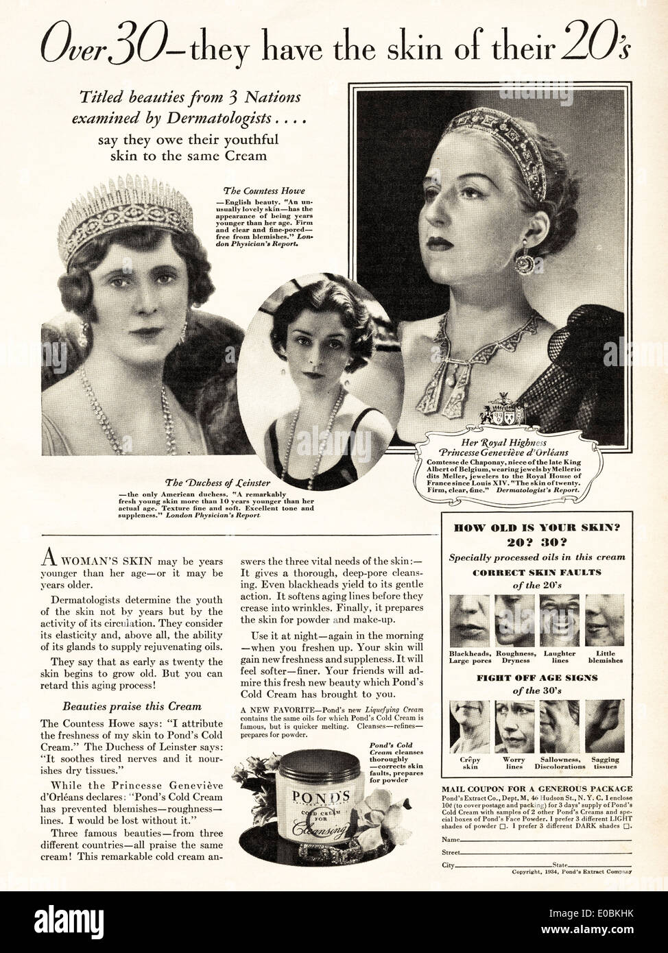 Pubblicità per stagno di crema a freddo nella rivista americana datato dicembre 1934 Foto Stock