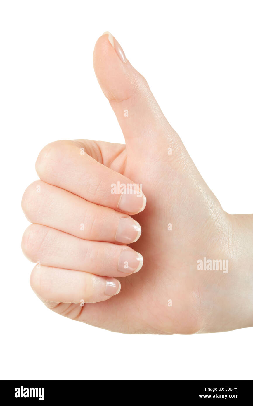 Donna mano Thumbs up, come gesto Foto Stock