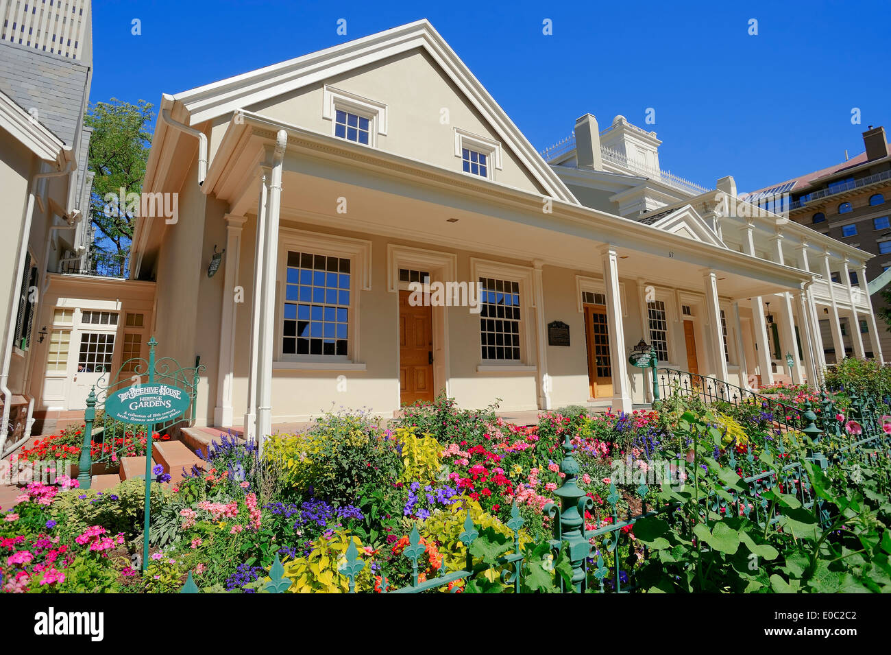 Beehive House, architetto Truman Angell, antica residenza della Brigham Young, Sud Temple Street, Salt Lake City, Utah, Stati Uniti d'America Foto Stock