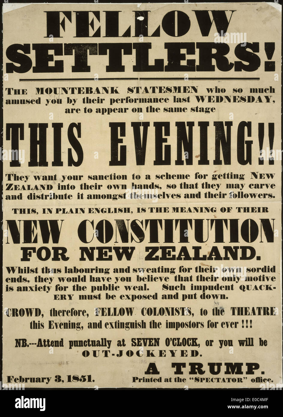 Compagni coloni! Il mountebank statisti che tanto divertito voi... la loro nuova costituzione per la Nuova Zelanda. [Poster]. 3 febbraio 1851. Foto Stock