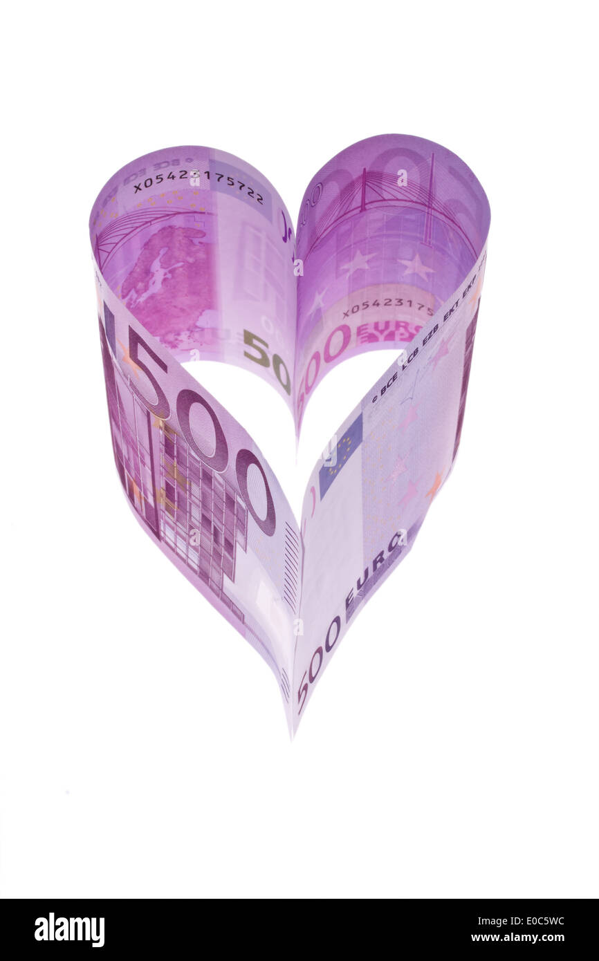 500 euro della banca nota nella forma di un cuore, 500 Euro Geldschein in forma eines Herzens Foto Stock
