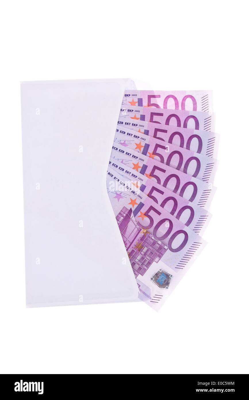 Busta con un sacco di euro di banconote, Briefumschlag mit vielen Euro Geldscheinen Foto Stock
