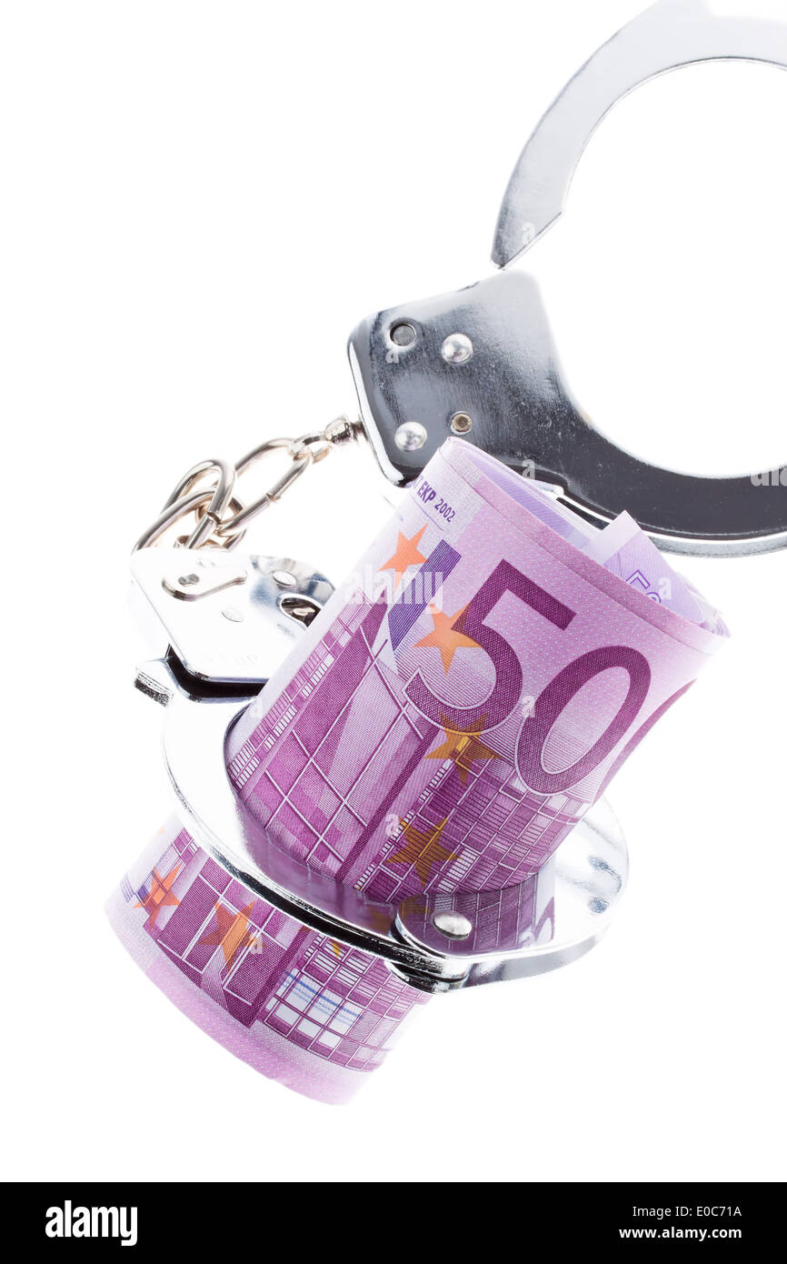 500 euro della banca nota con le manette, 500 Euro Geldschein mit Handschellen Foto Stock