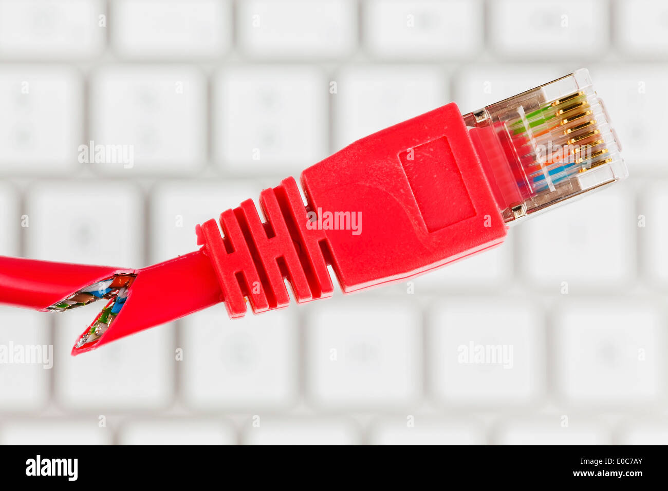 Il cavo rosso di rete di un computer. Essa è separata con un paio di forbici, Das rote Kabel eines Netzwerkes von einem Computer. Wi Foto Stock