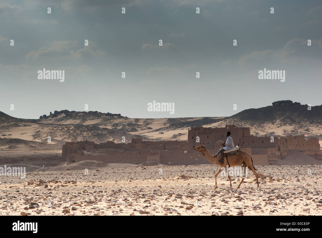 Uomo a dorso di cammello e Monastero di San Simeone, Aswan, Alto Egitto Foto Stock