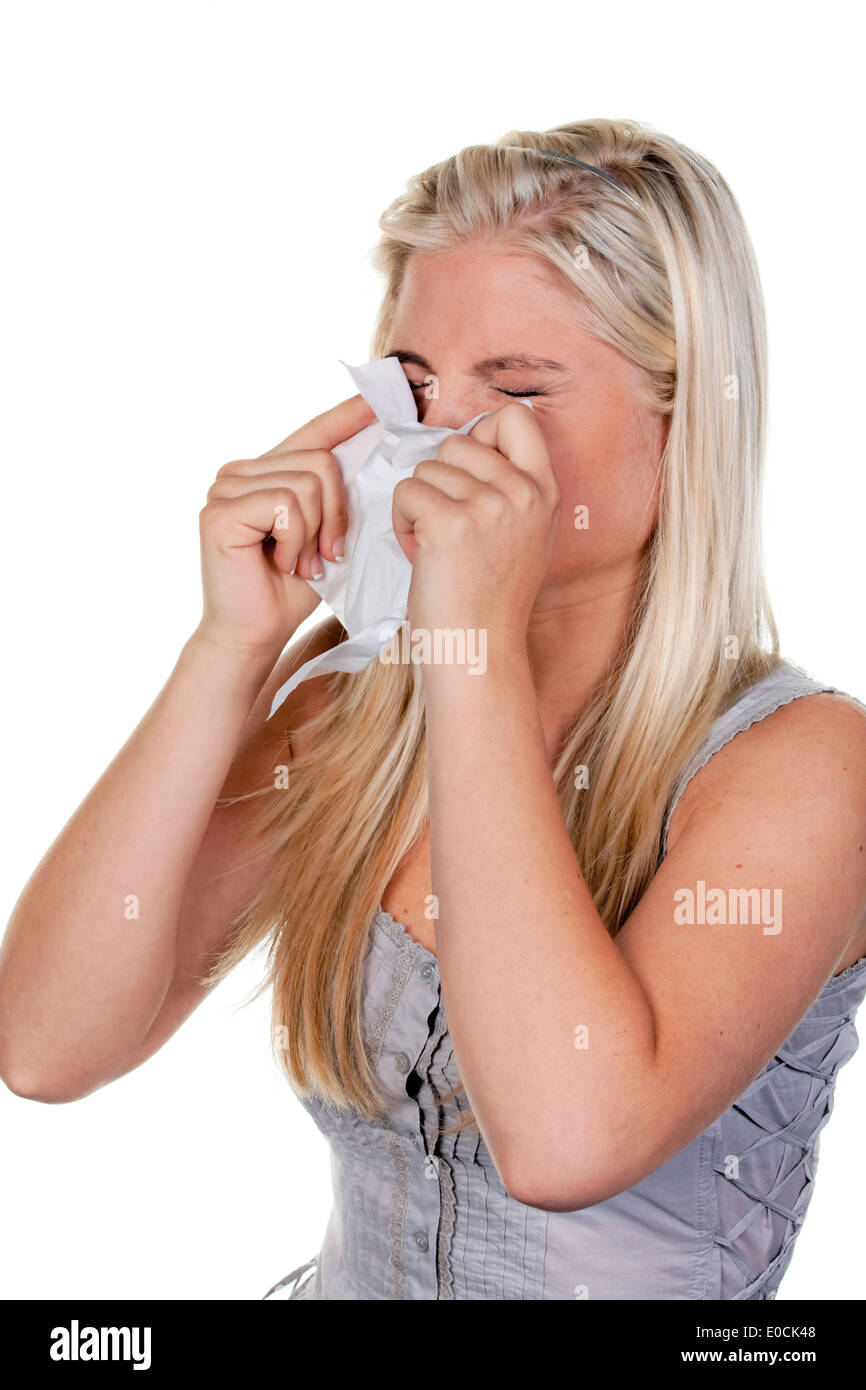 Donna con allergia, febbre da fieno e fazzoletto, Frau mit Allergie, Heuschnupfen und Taschentuch Foto Stock