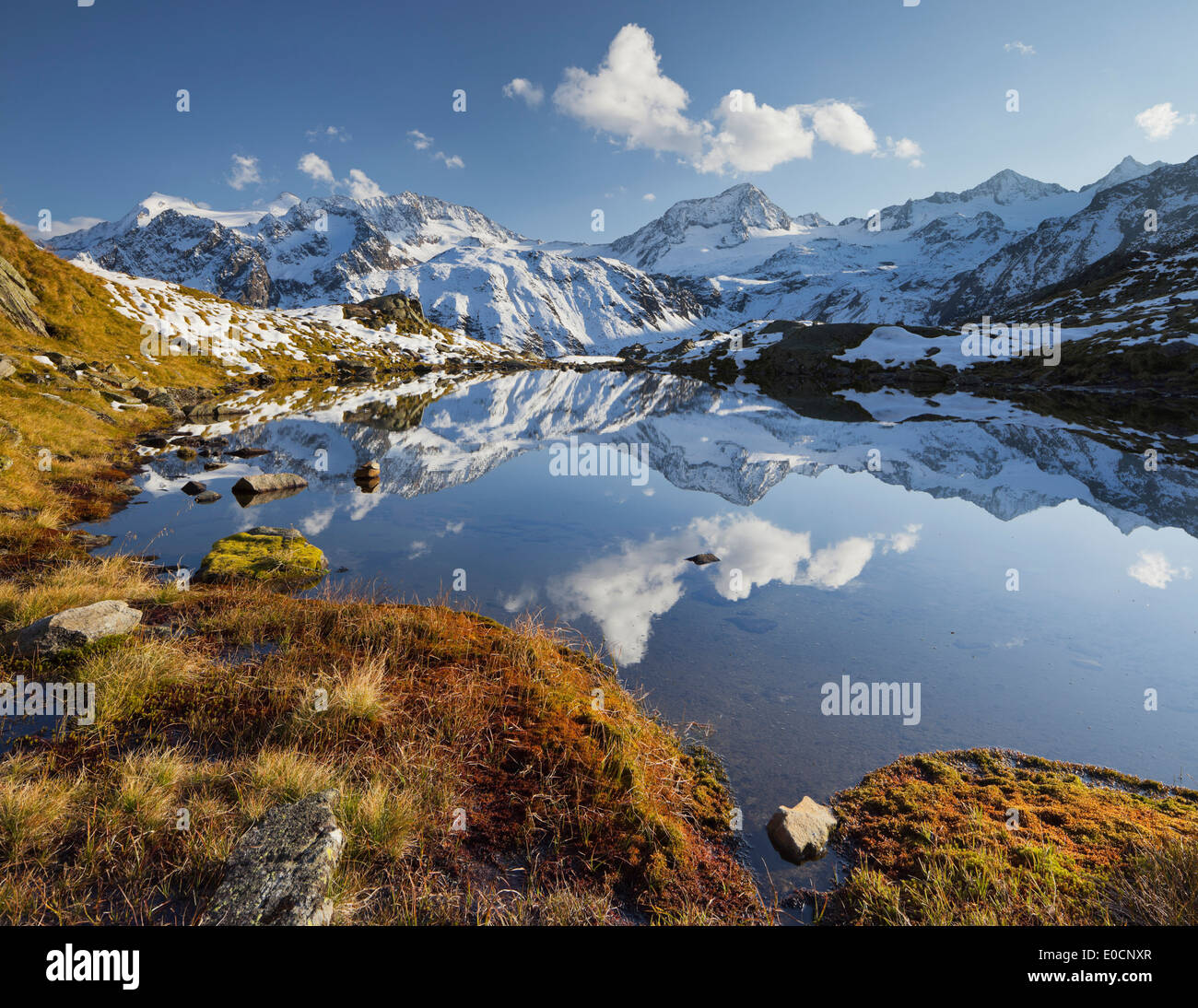 La riflessione di montagna in un lago, Nameless Lake, Grosser Troegler, Wilder Pfaff, Zuckerhuetl, Aperer Pfaff, Schaufelspitze, Stubaie Foto Stock