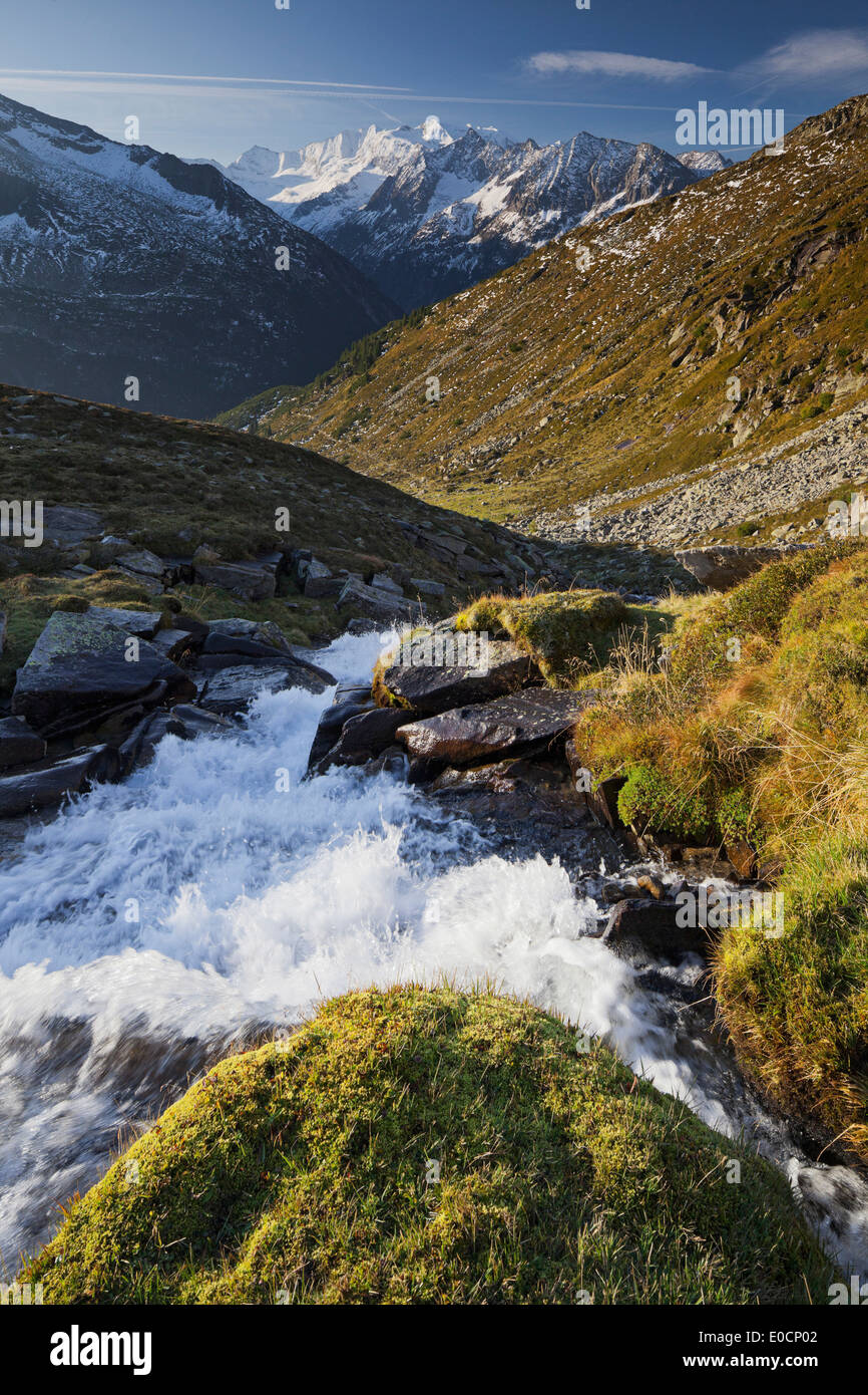 Paesaggio di montagna e flusso, Lapenkarbach, Lapenkar, Friesenbergalm, Grosser Greiner, Grosser Moeseler, Alpi Aurine, Tyro Foto Stock