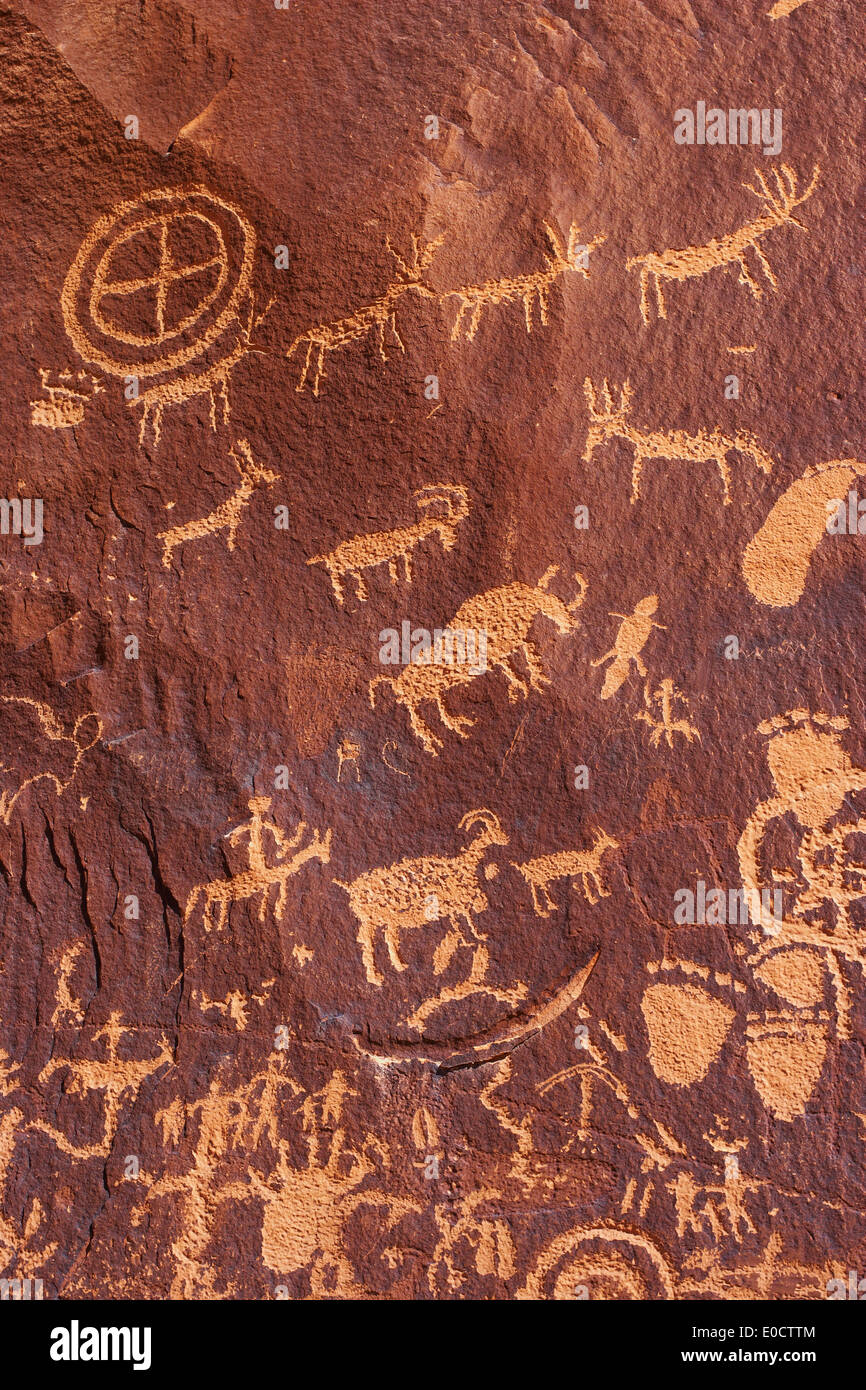 Newspaper Rock, 2000 anni di intagli realizzati dal passaggio dei coloni e viaggiatori, National Historic Site, Utah, Stati Uniti d'America, America Foto Stock