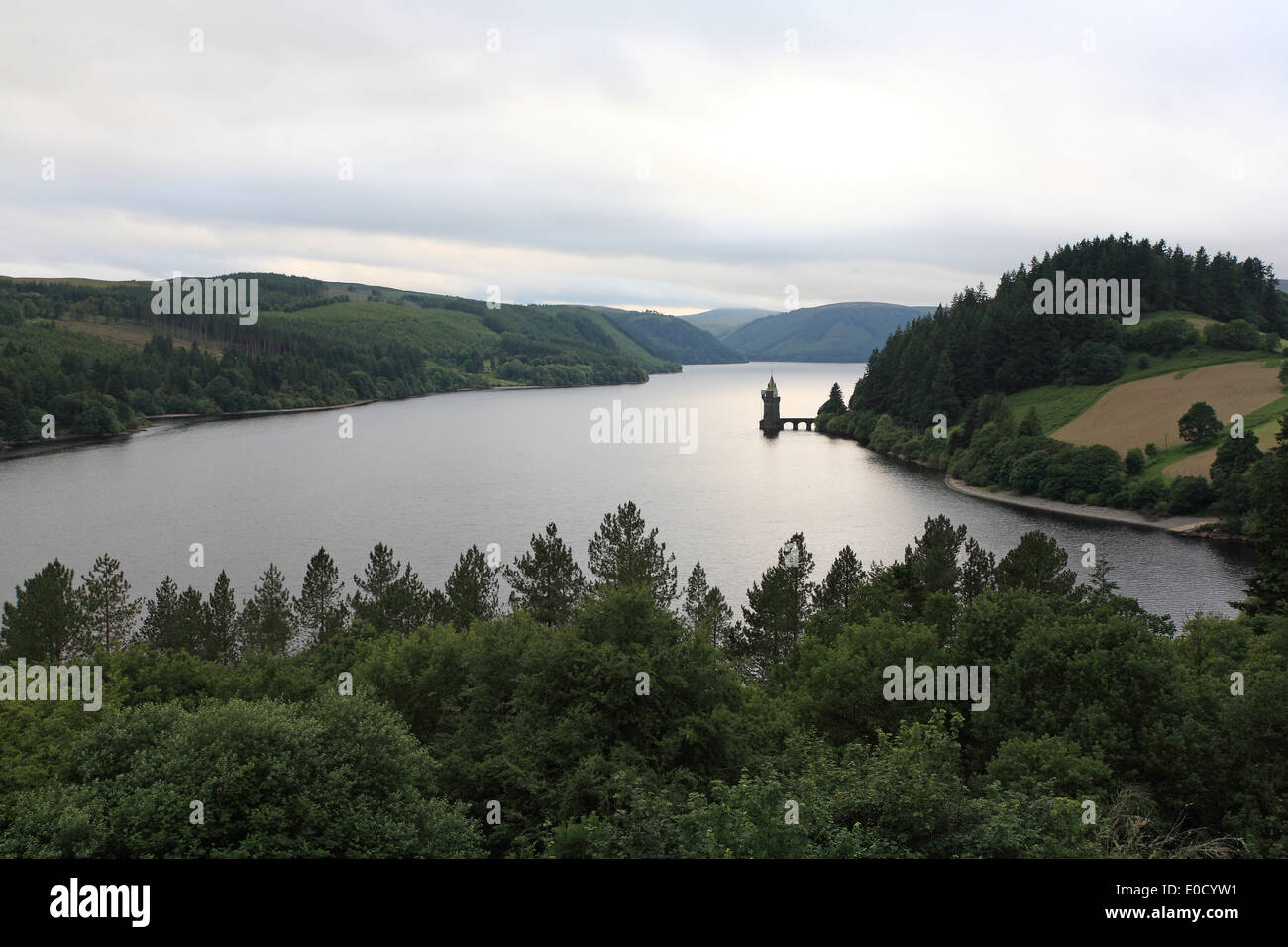 Vista sul lago artificiale di Vyrnwy, il Galles del Nord, Gran Bretagna, Europa Foto Stock