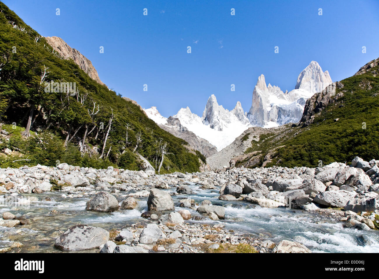 Torrente di montagna vicino a Fitz Roy massiccio, El Chalten, Patagonia, Argentina Foto Stock