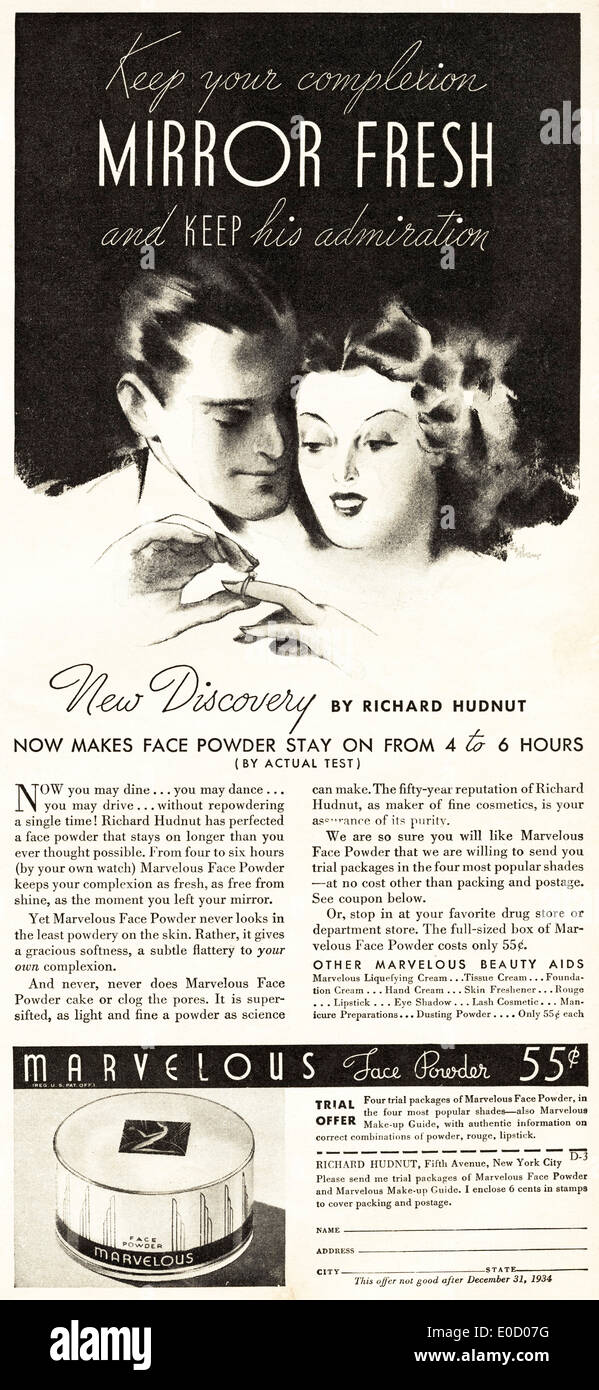 Pubblicità per la polvere per il viso da Richard Hudnut nella rivista americana datato dicembre 1934 Foto Stock