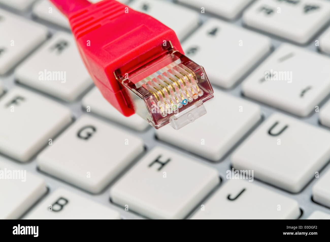 Cavo di rete sulla tastiera, foto simbolico per Flat, e-commerce, comunicazione globale, Netzwerkkabel auf Tastatur, Symbolfoto Foto Stock