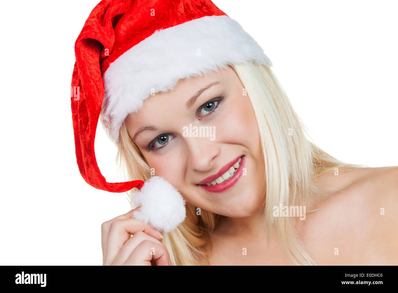 Una giovane donna con il cappuccio di un Babbo Natale. Donna di Natale A Natale prima di sfondo bianco, Eine junge Frau mit der Muet Foto Stock