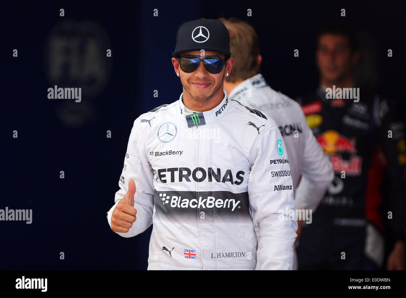 Barcellona, Spagna. Il 10 maggio, 2014. LEWIS HAMILTON di Gran Bretagna e la Mercedes AMG Petronas F1 Team è visto celebrare il sistema di richieste di rimborso dopo la pole position per la Formula 1 Gran Premio di Spagna 2014 al Circuit de Catalunya di Barcellona, Spagna. Credito: James Gasperotti/ZUMA filo/ZUMAPRESS.com/Alamy Live News Foto Stock