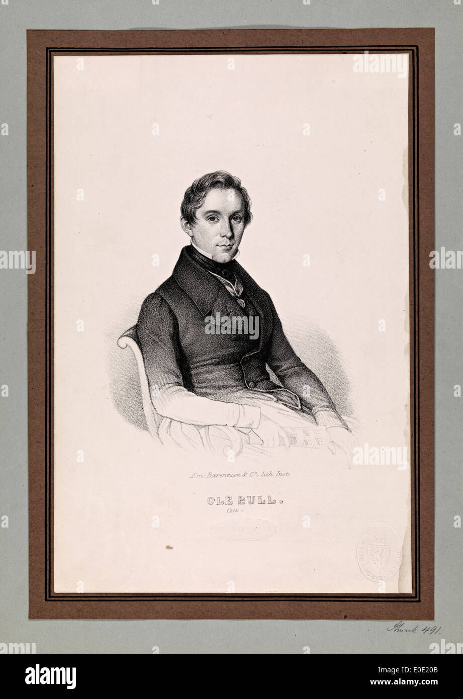 Un ritratto litografico del violinista norvegese Ole Bull, con immagini dettagliate dell'artista. Il ritratto cattura l'essenza del suo contributo alla musica e alla cultura, con collegamenti con vari luoghi come New York, Washington e Hartford. Bull era una figura di spicco nota per le sue esibizioni in America e in Europa. Foto Stock