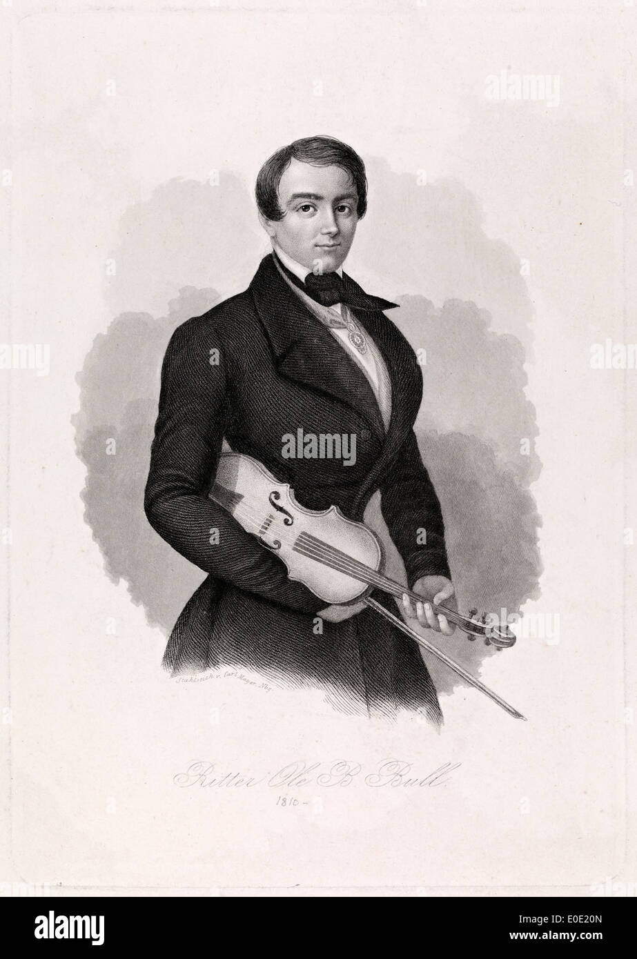 Questo titolo presenta un'incisione ritratto di Ritter Ole B. Bull, una figura notevole nella musica norvegese del XIX secolo, nota per il suo violino. Foto Stock