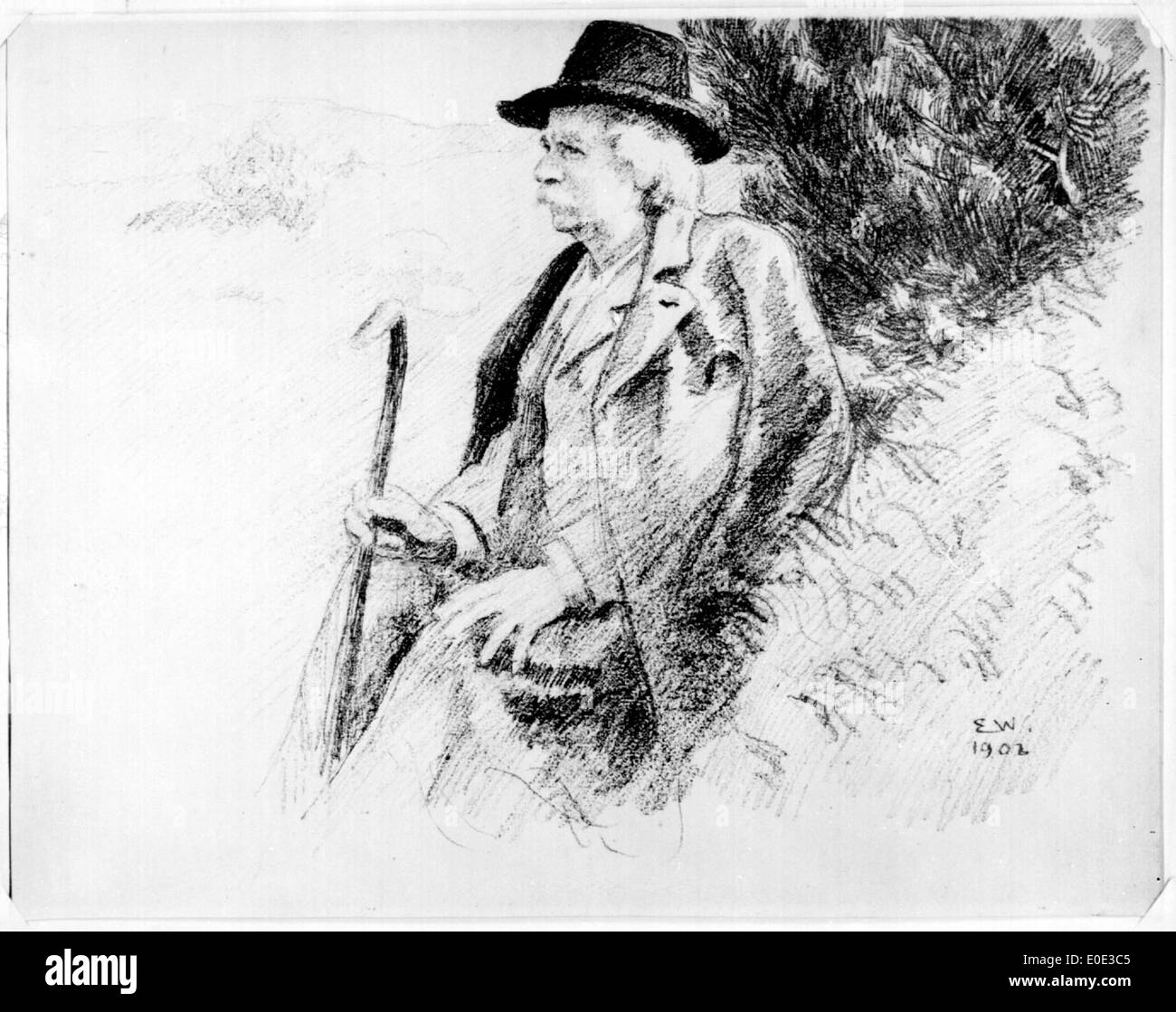 Un disegno del famoso compositore norvegese Edvard Grieg, creato dall'artista Erik Werenskiold. Questa immagine cattura la somiglianza di Grieg ed è un esempio dell'arte che raffigura figure culturali chiave nella Norvegia del XIX secolo. Foto Stock