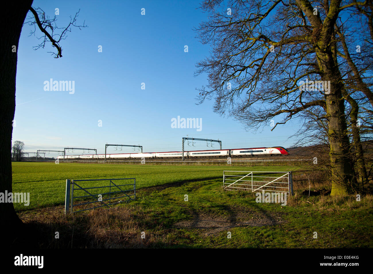 Treni del Virgin Pendolino classe 390 ad alta velocità treno passeggeri nella zona Tamworth-Lichfield della West Coast Mainline (WCML). Foto Stock