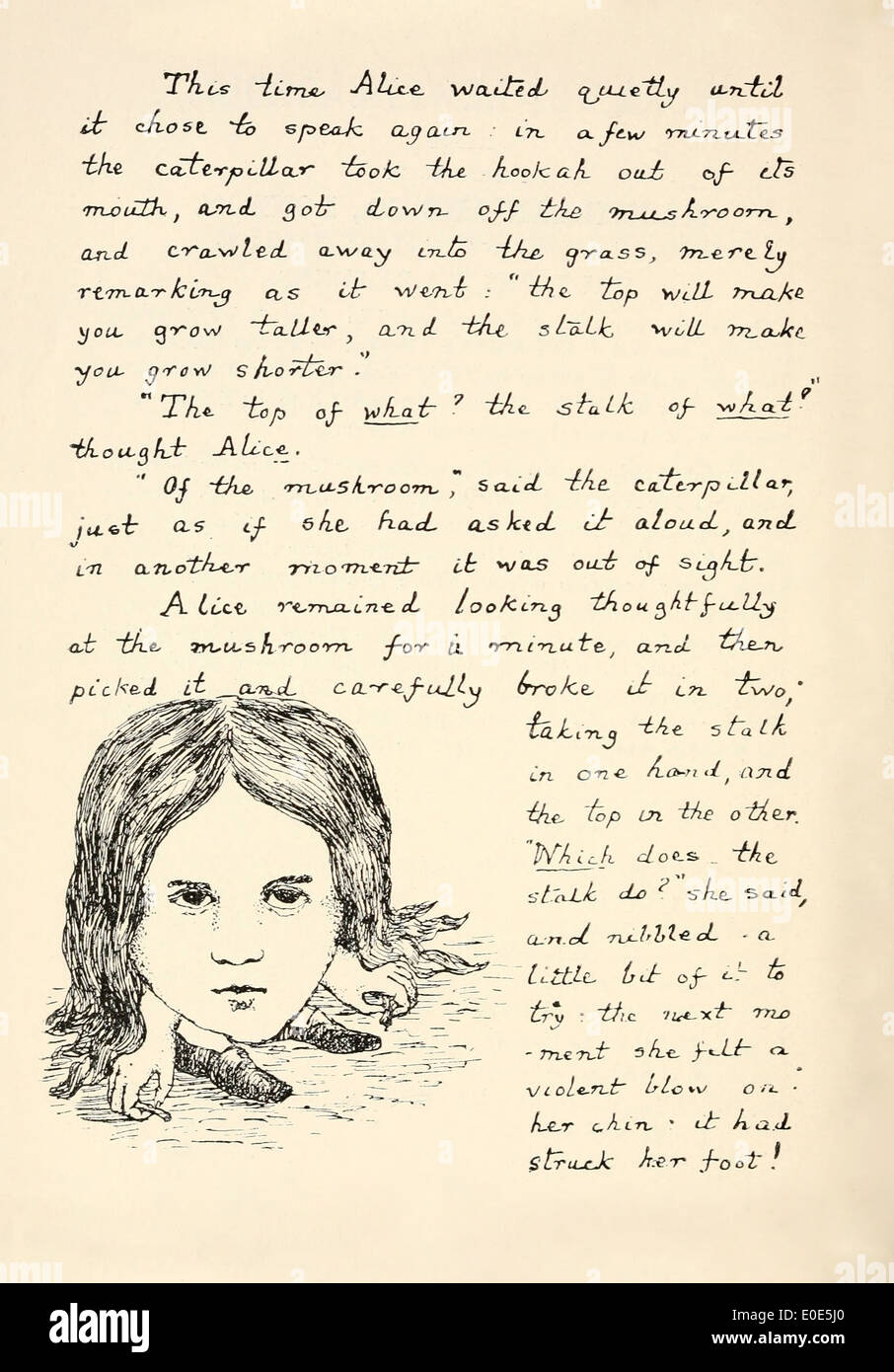 Pagina del manoscritto originale per Alice nel paese delle meraviglie,  manoscritti e illustrata nel 1864 da Lewis Carroll (1832-1898). Il testo  racconta di Alice incontro con i Caterpillar e la illustrazione di