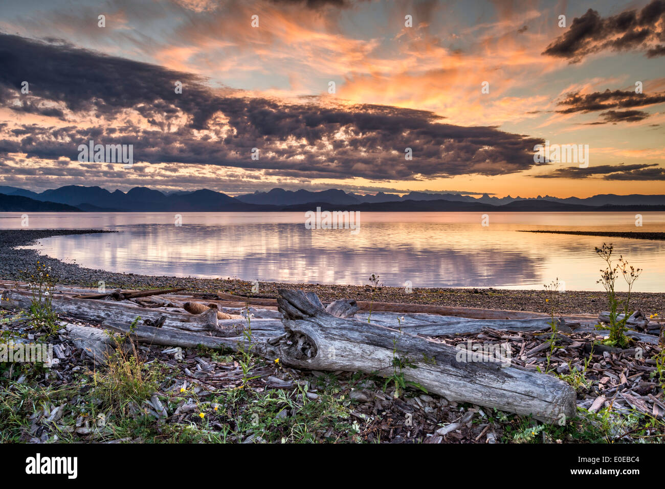 Alba sulle isole di scoperta, Coast Mountains in dist, Rebecca Spit provinciale parco marino, Quadra Island, British Columbia Foto Stock