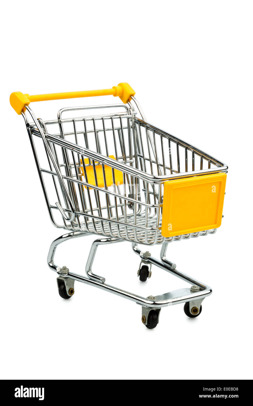 Carrelli di shopping prima di sfondo bianco, foto simbolica per la crisi dei consumi e il potere di acquisto, Einkaufswagen vor Hinter weissem Foto Stock