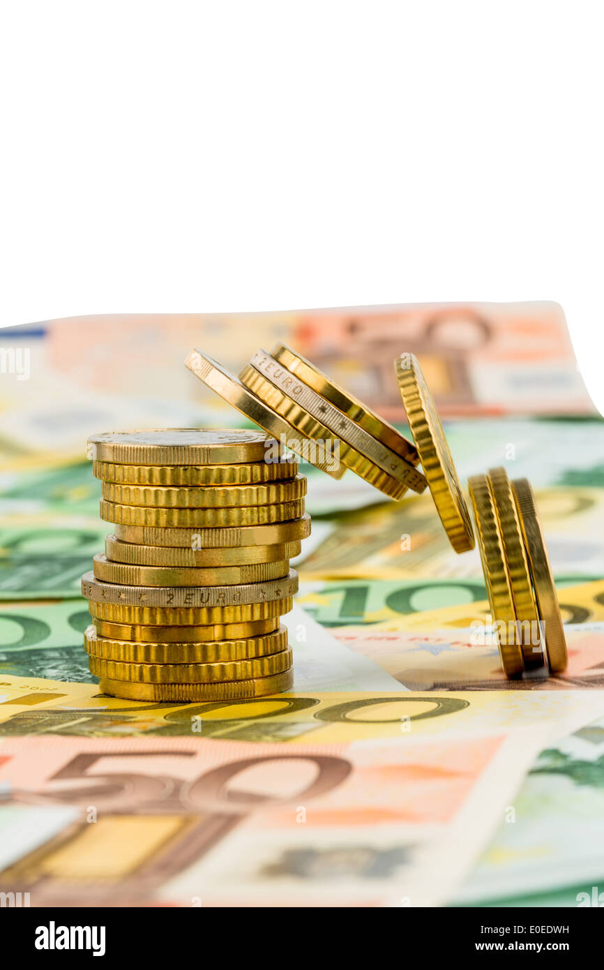 Singola pila di monete metalliche, recumbent monete metalliche, foto simbolico per gli investimenti e il rischio di furti di profitto, Einzelner Stap Foto Stock