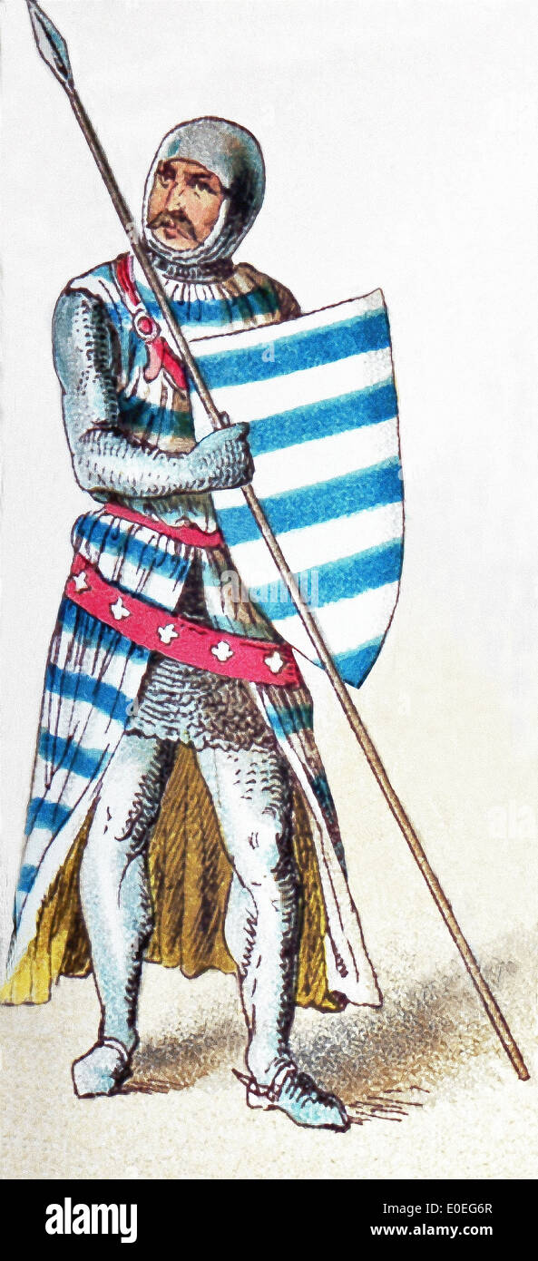 La figura rappresentata qui è un cavaliere inglese nel 1333. L'illustrazione risale al 1882. Foto Stock