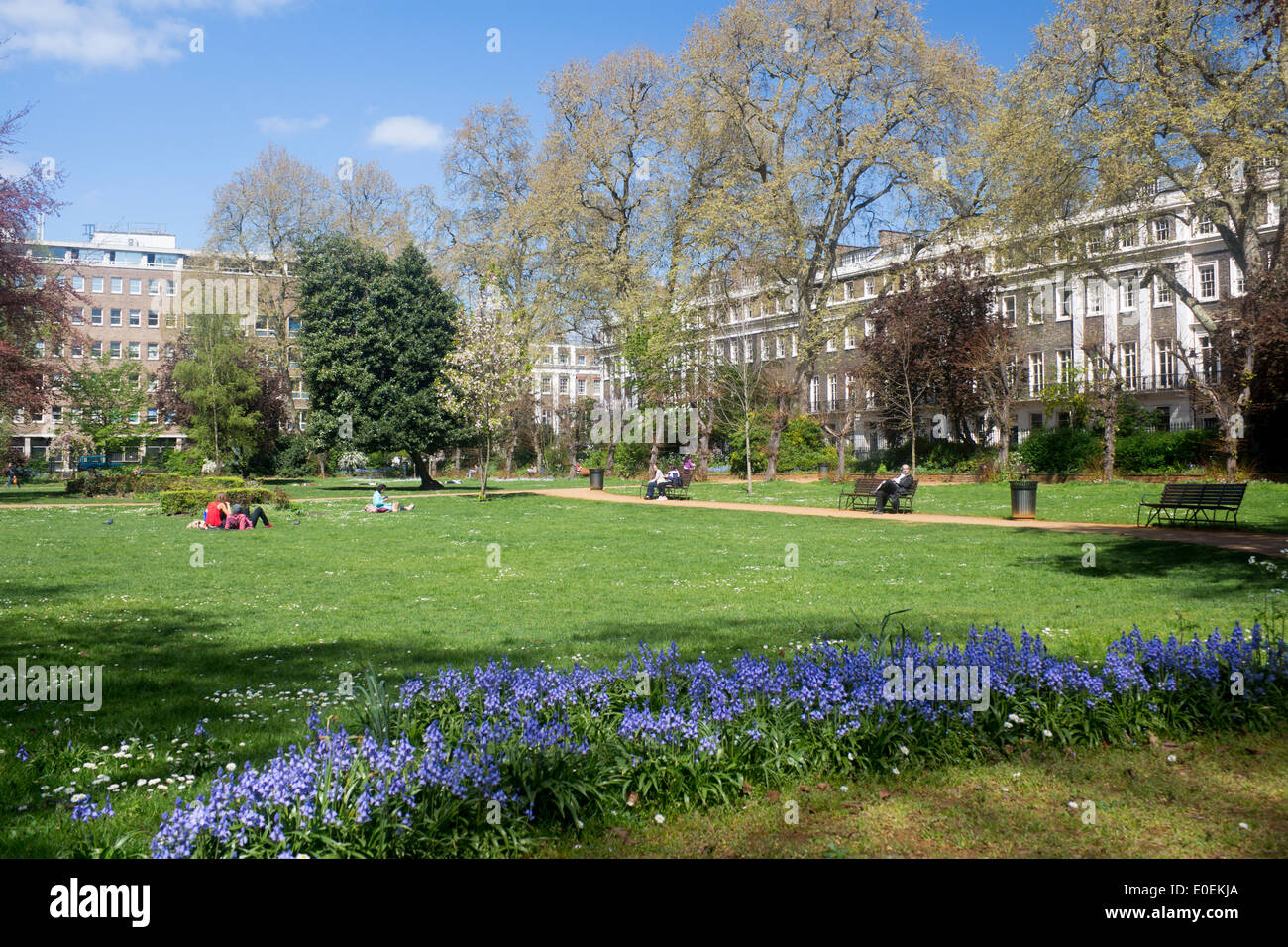 Gordon Square persone rilassante nei giardini del parco su una soleggiata giornata di primavera Bloomsbury Londra Inghilterra REGNO UNITO Foto Stock