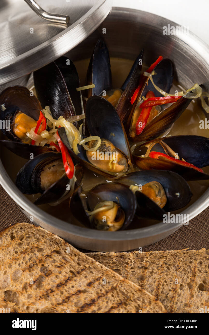 Hot cozze al pianale in metallo con coperchio sul tovagliolo marrone Foto Stock