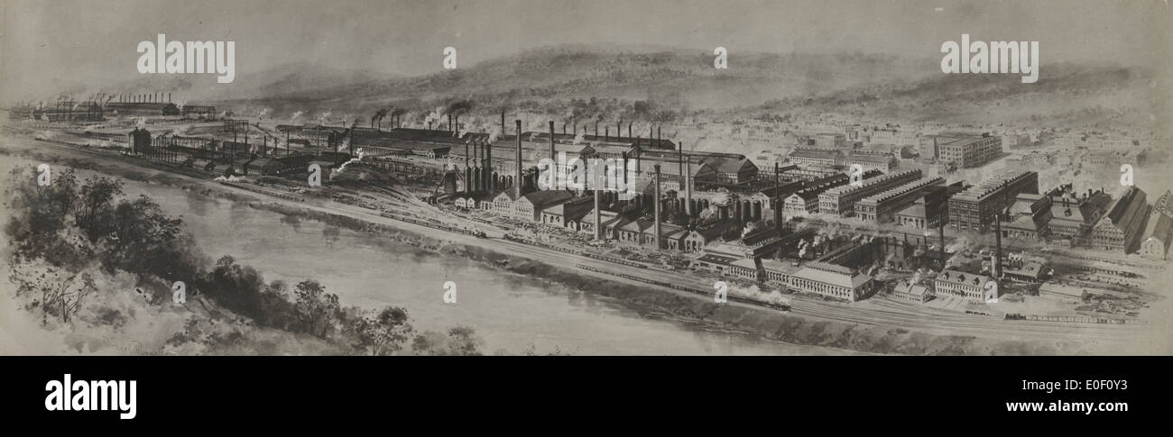 Postcard mostra una riproduzione fotografica di un disegno della fabbrica di acciaio di Betlemme, vicino al fiume e le piste ferroviarie a Betlemme, Pennsylvania, circa 1908 Foto Stock