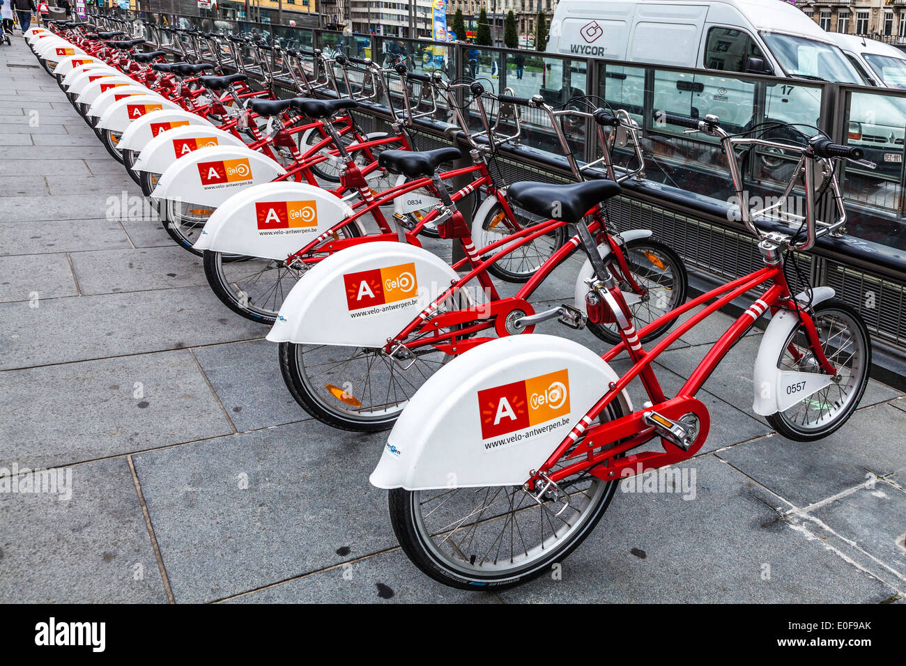 Una fila di velo le biciclette a noleggio nella città di Anversa. Foto Stock