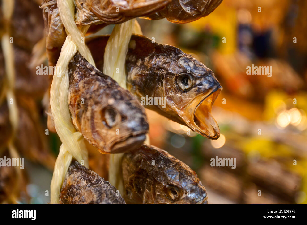 Pesce secco appesi per le vendite nel mercato. Foto Stock