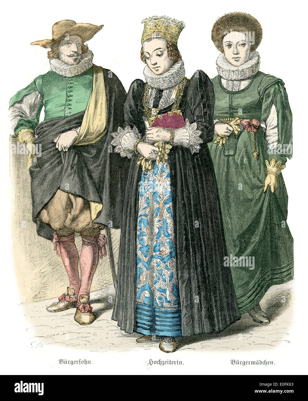 Costumi tradizionali della Svizzera, del XVII secolo. Figlio di un cittadino, sposa e una ragazza del popolo Foto Stock